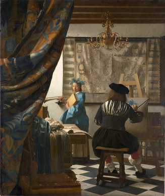 Dutch Master Jan Vermeer's painting of a woman preparing to sit for a portrait, modeling a brass musical instrument, and positioned in front of the artist. In the background on the wall is a large map of the kind that the Dutch in the 17th Century would have prized.
